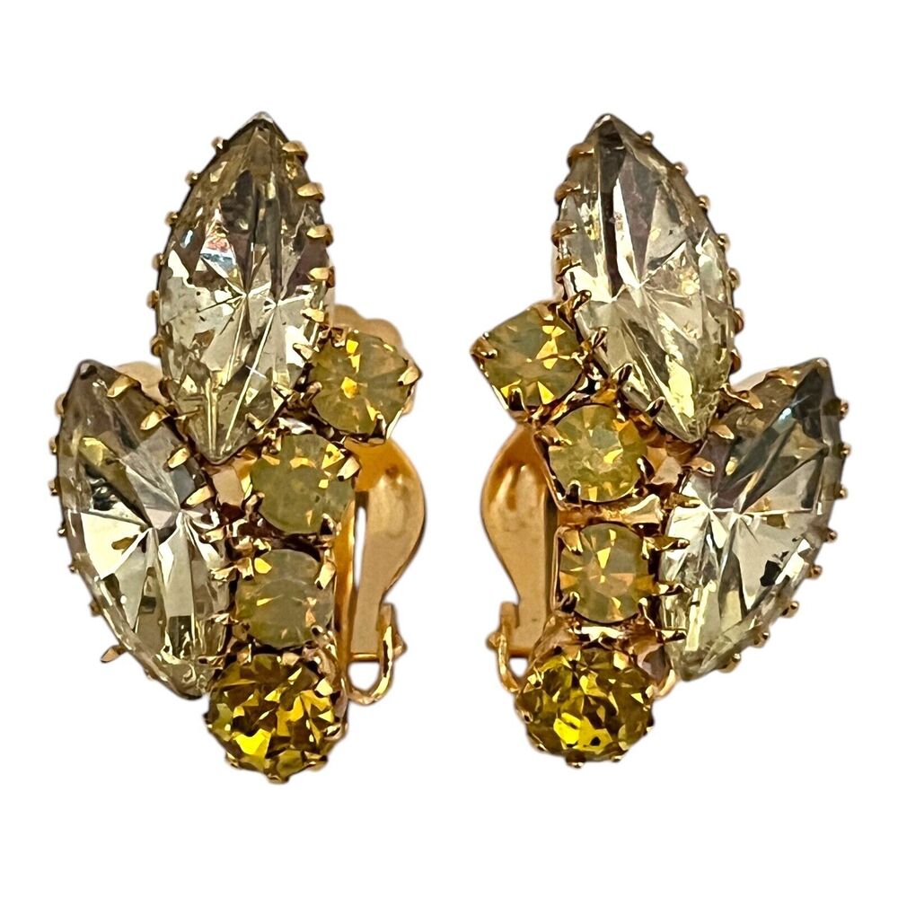 Vintage 1960s Rhinestone Clip Earrings Navette Crystal Gold Tone Mid Century- 5M